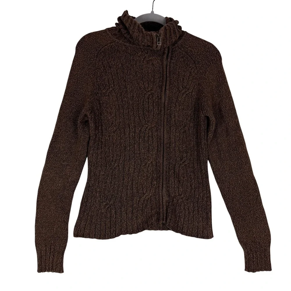 Valerie Stevens Sweater Womens Small Brown Full Zip Mock‎ Neck Cable Knit